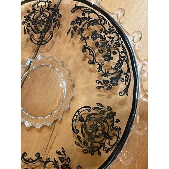VTG? Heisey Lariat Round Platter w/ black floral over lay. footed. 10.5" dia - Picture 3 of 5